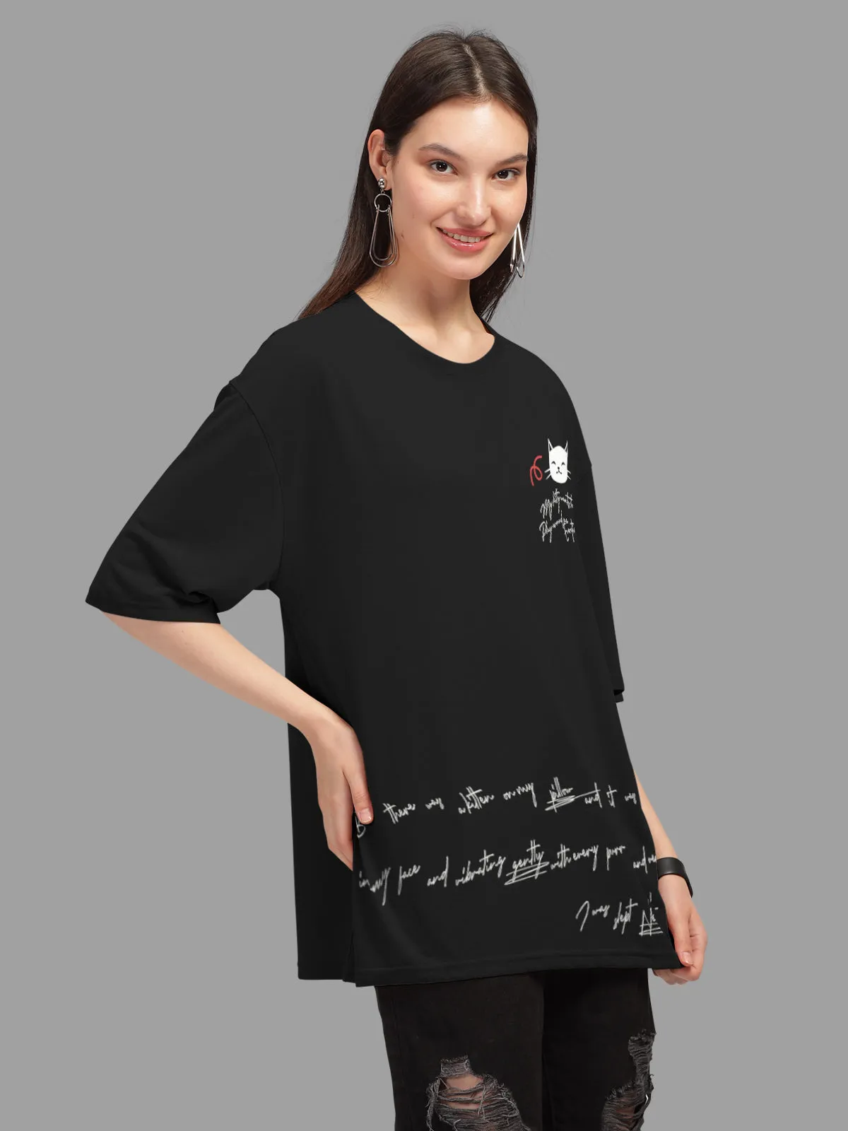 Trendy Black Printed Oversized T-shirt for Women