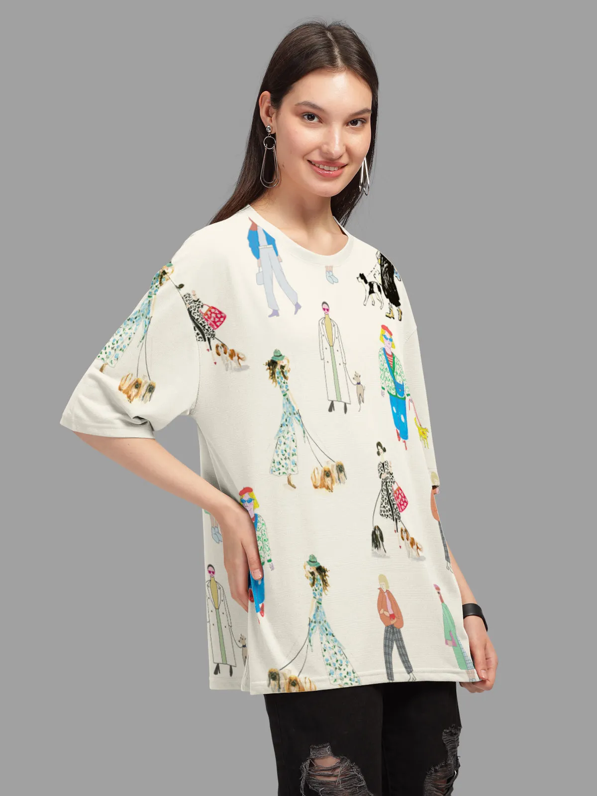 Trendy Cream Printed Oversized T-shirt for Women