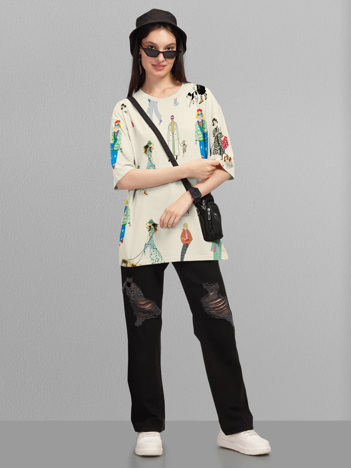 Trendy Cream Printed Oversized T-shirt for Women