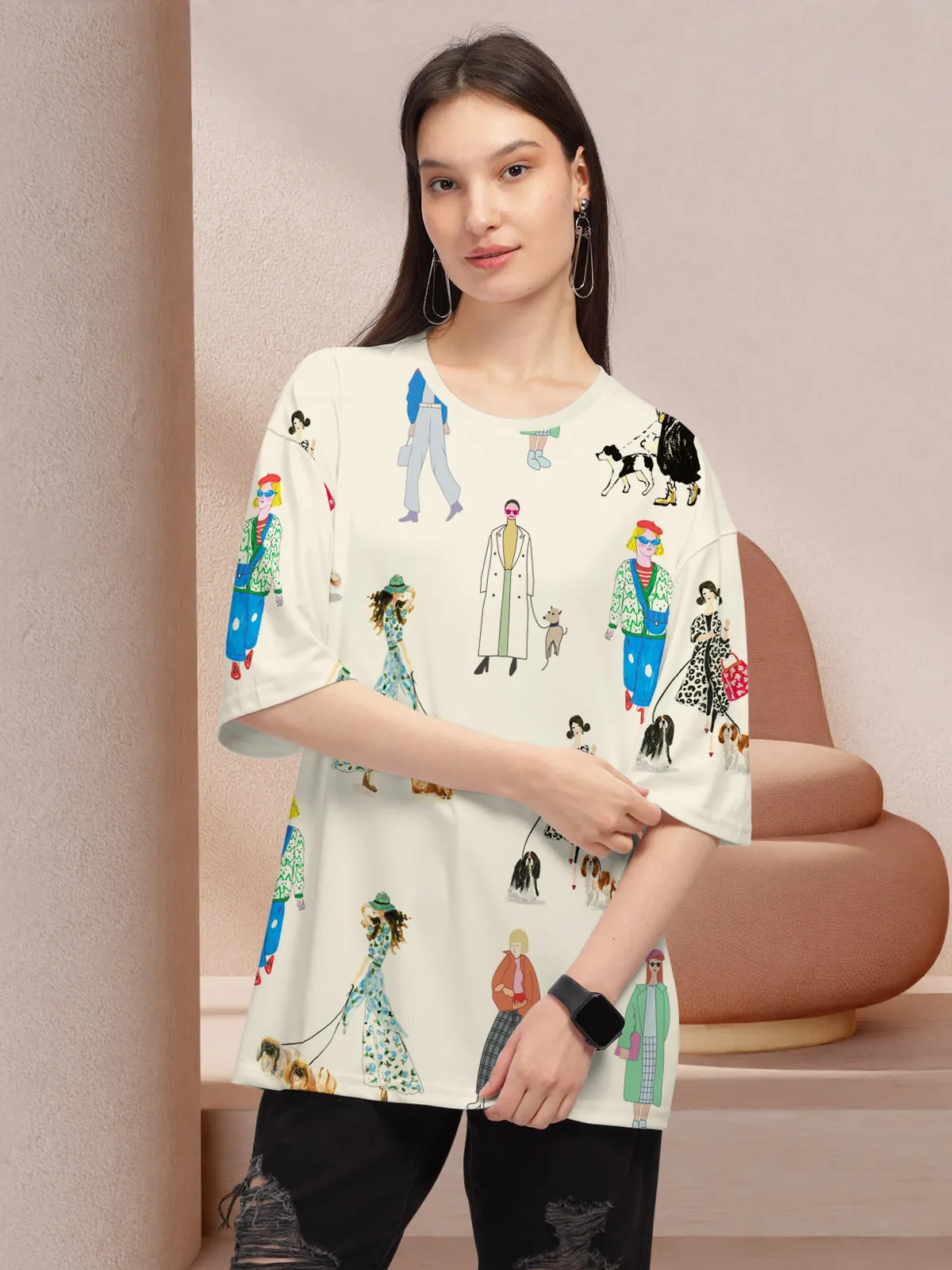 Trendy Cream Printed Oversized T-shirt for Women