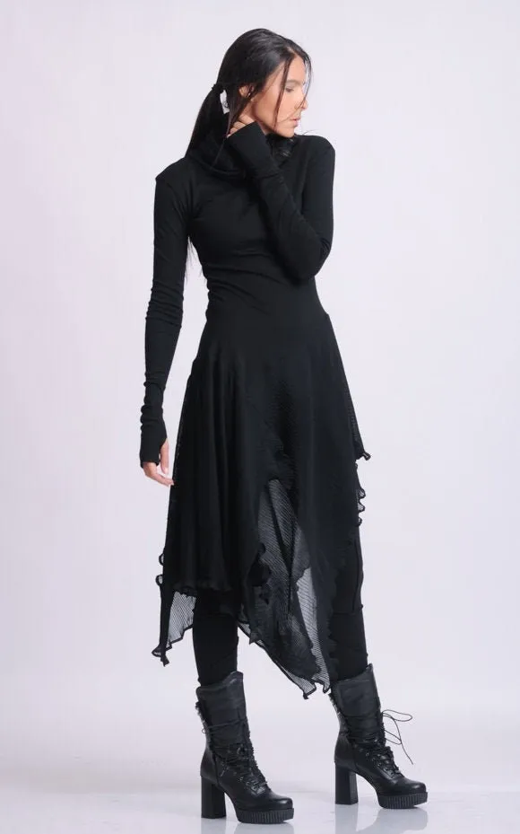 Turtleneck Black Tunic With Pleated Chiffon Layer