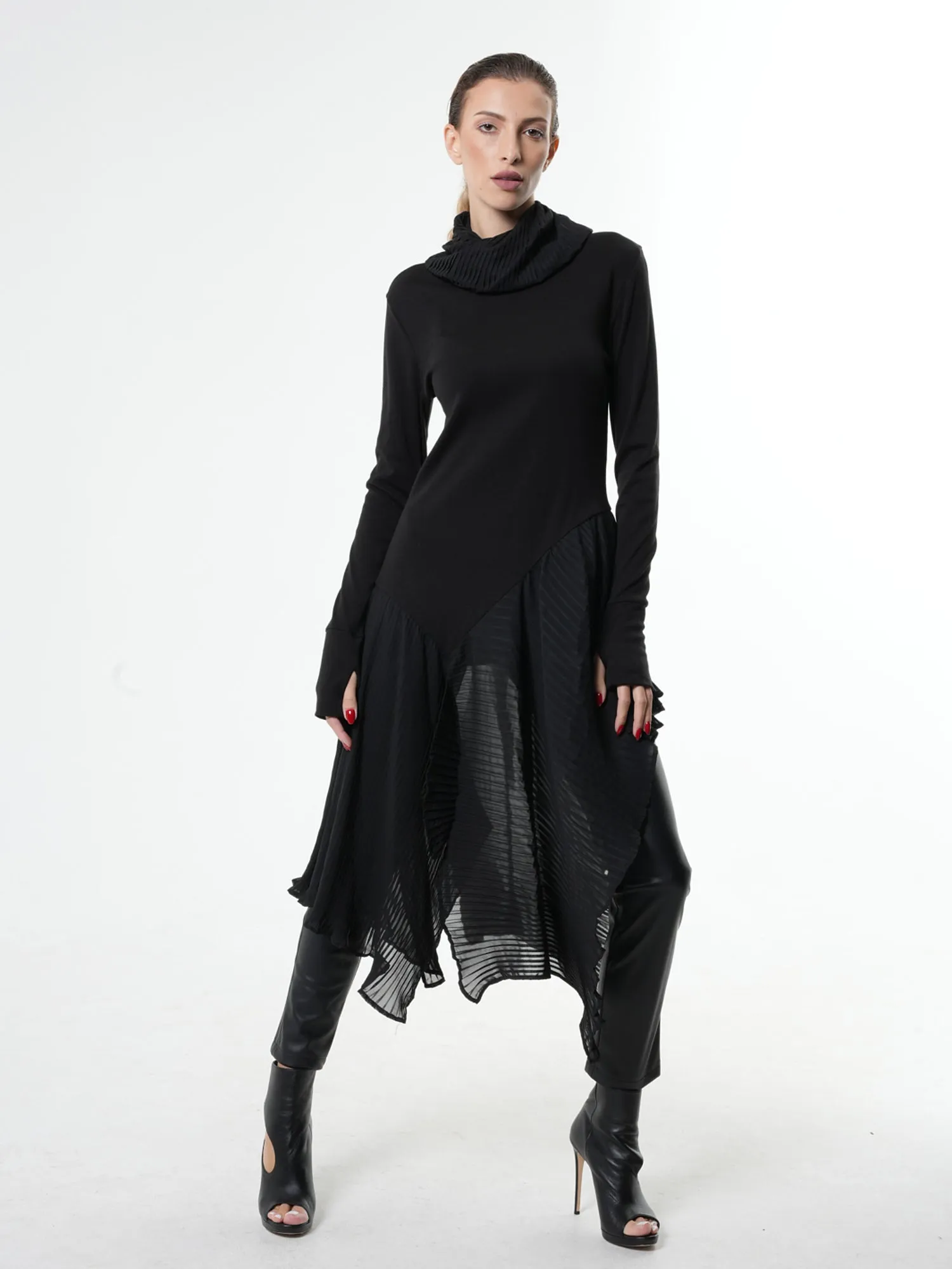 Turtleneck Black Tunic With Pleated Chiffon Layer