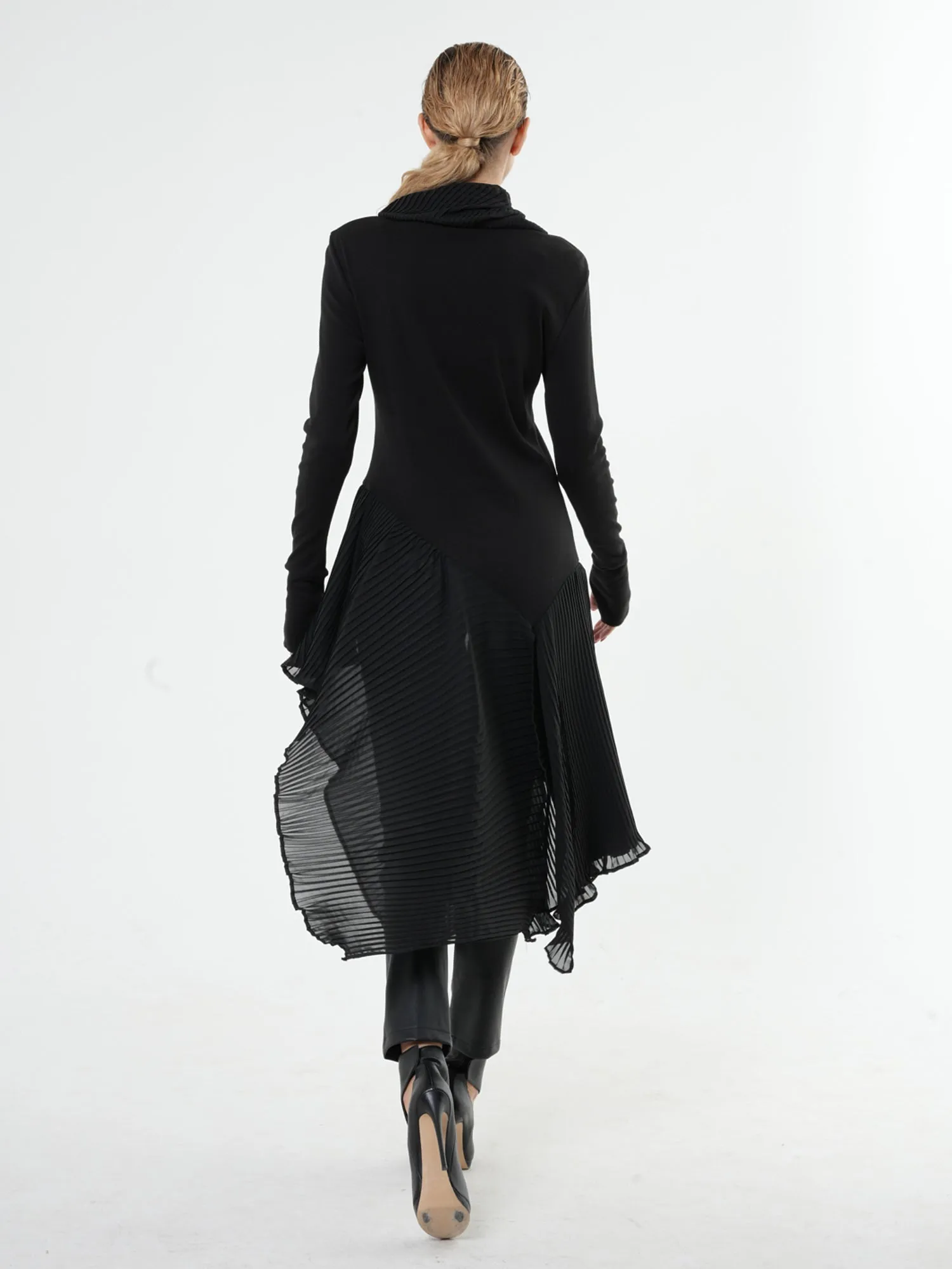 Turtleneck Black Tunic With Pleated Chiffon Layer