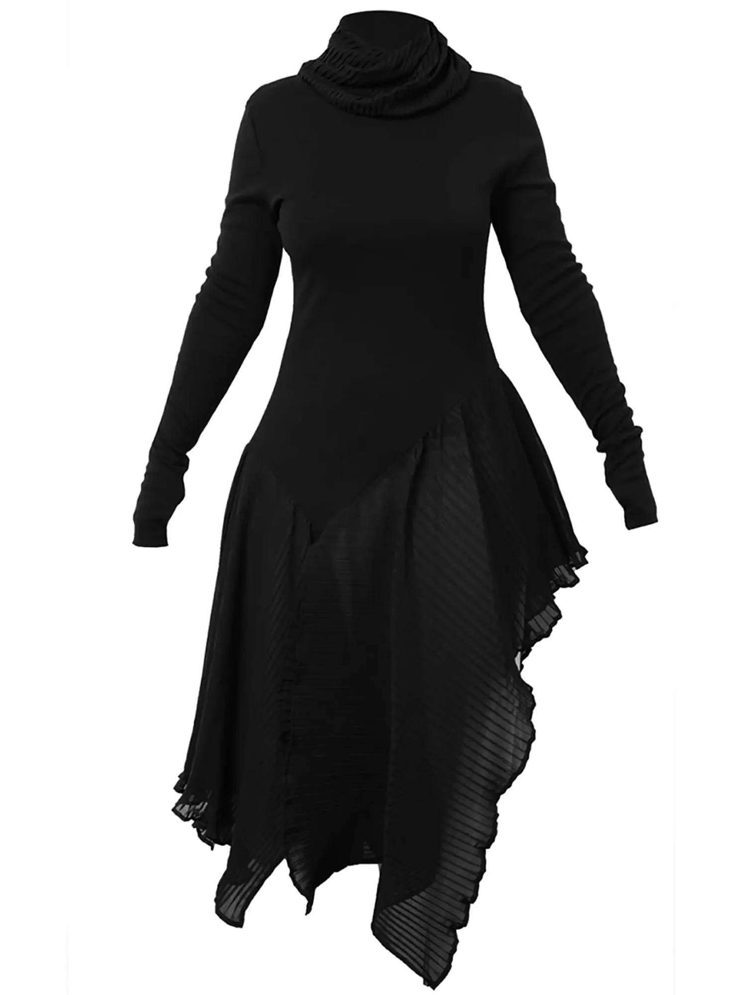 Turtleneck Black Tunic With Pleated Chiffon Layer