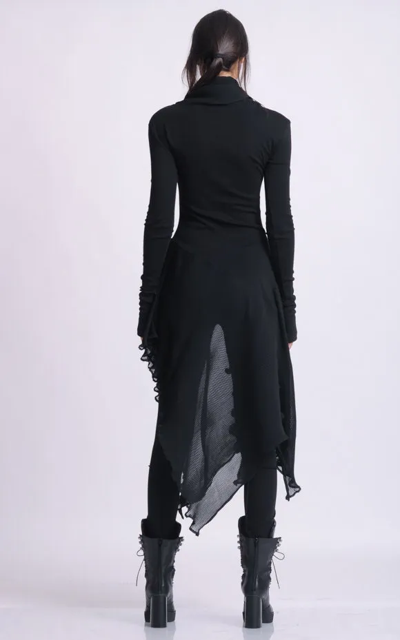 Turtleneck Black Tunic With Pleated Chiffon Layer