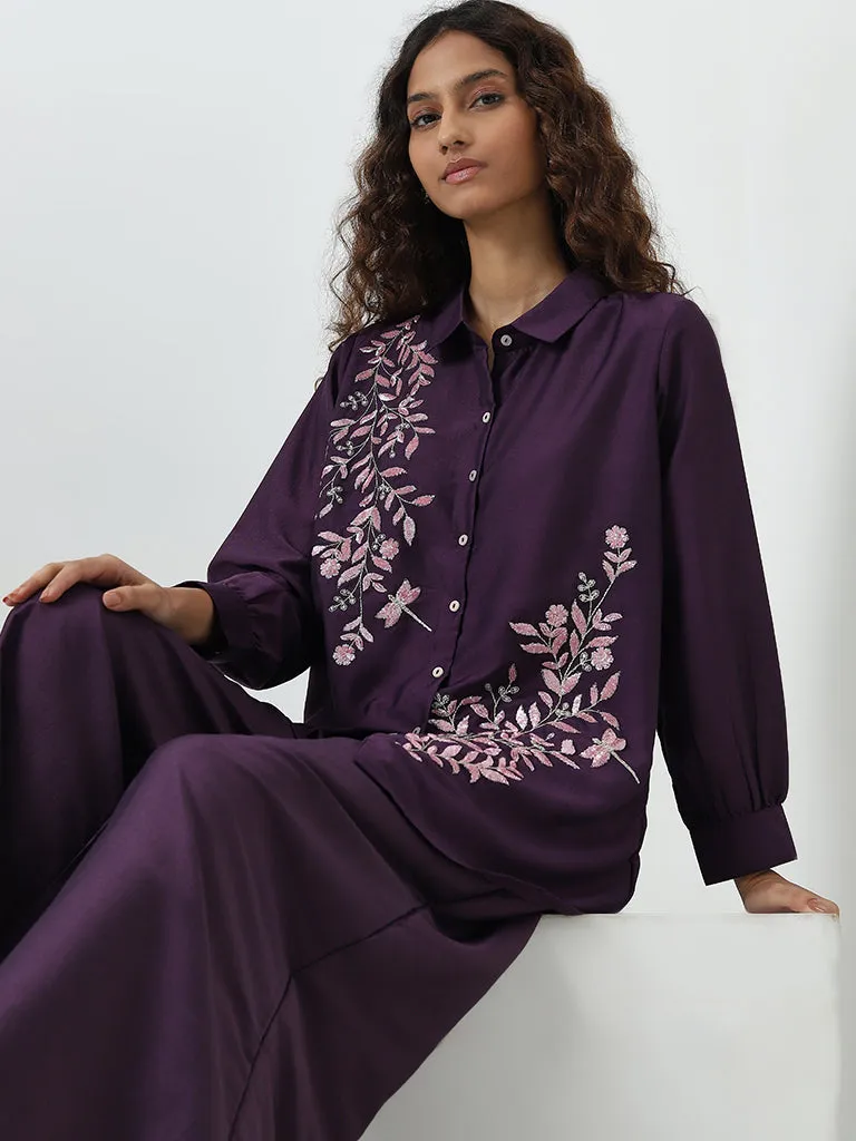 Vark Purple Embellished Straight Tunic and Pants Set