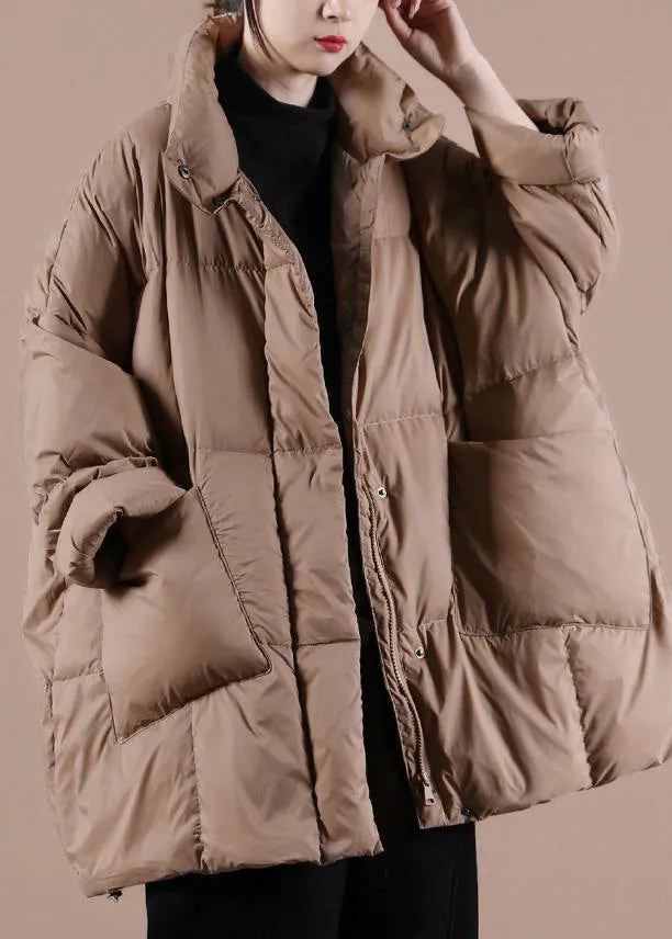 Warm chocolate goose Down coat Loose fitting winter jacket stand collar Large pockets Warm outwear