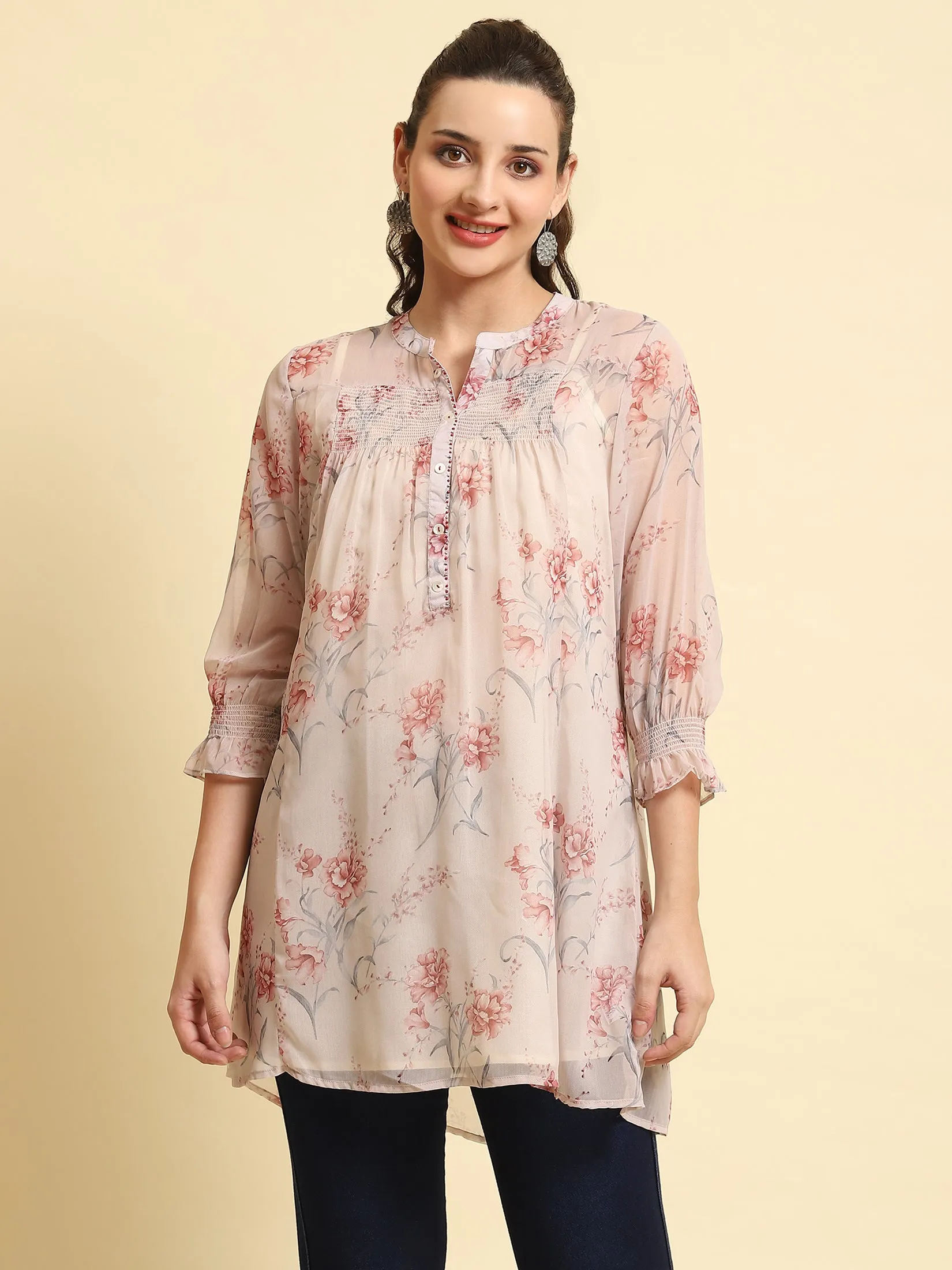 Women Baby Pink Floral Printed Tunic