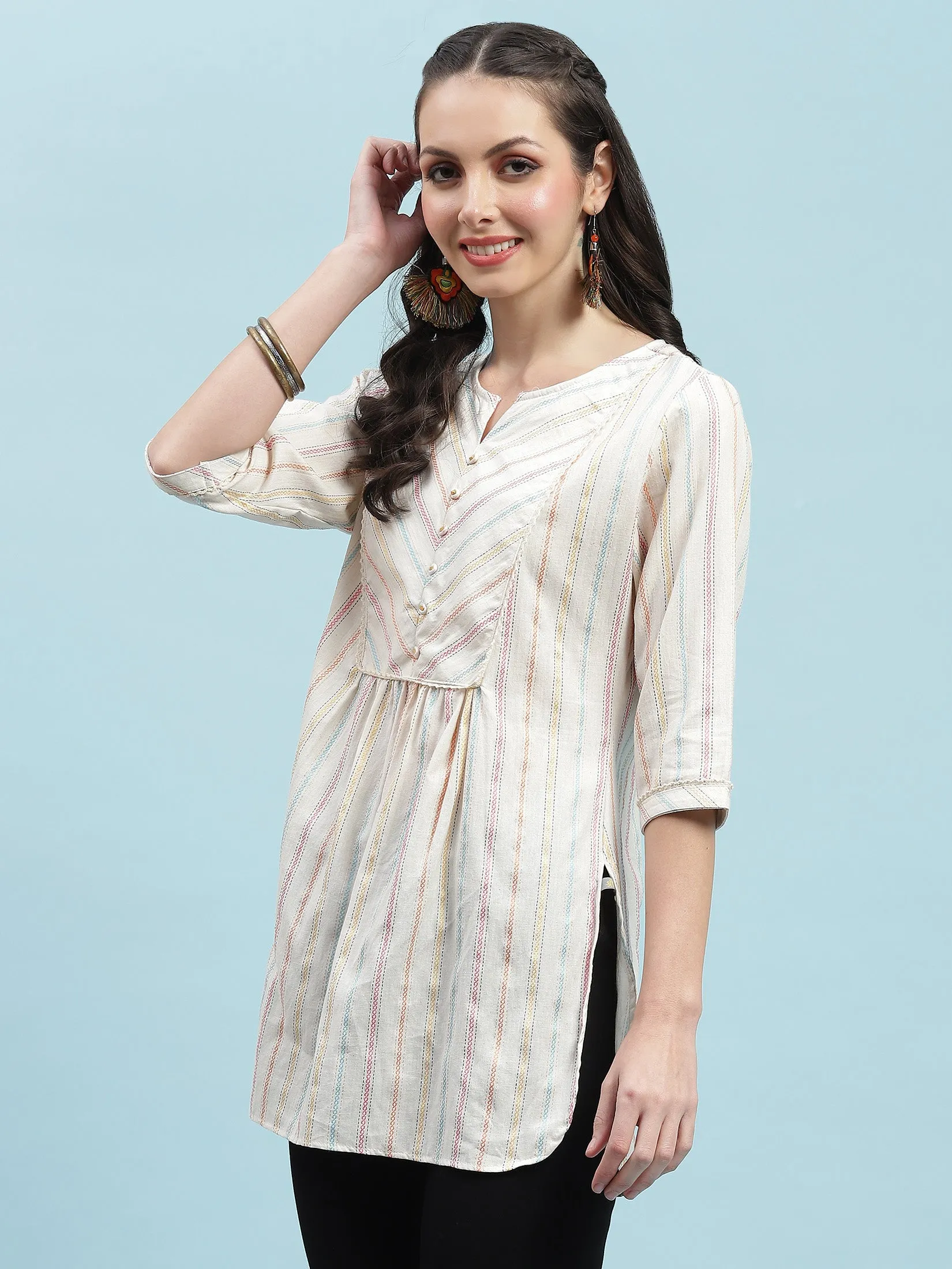 Women Off White Stripe Printed Tunic