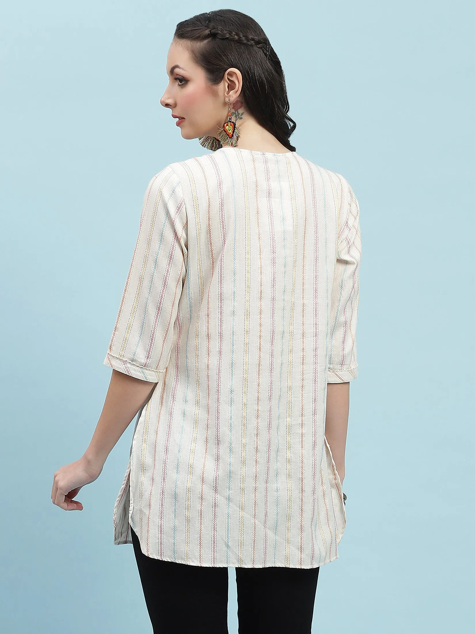 Women Off White Stripe Printed Tunic