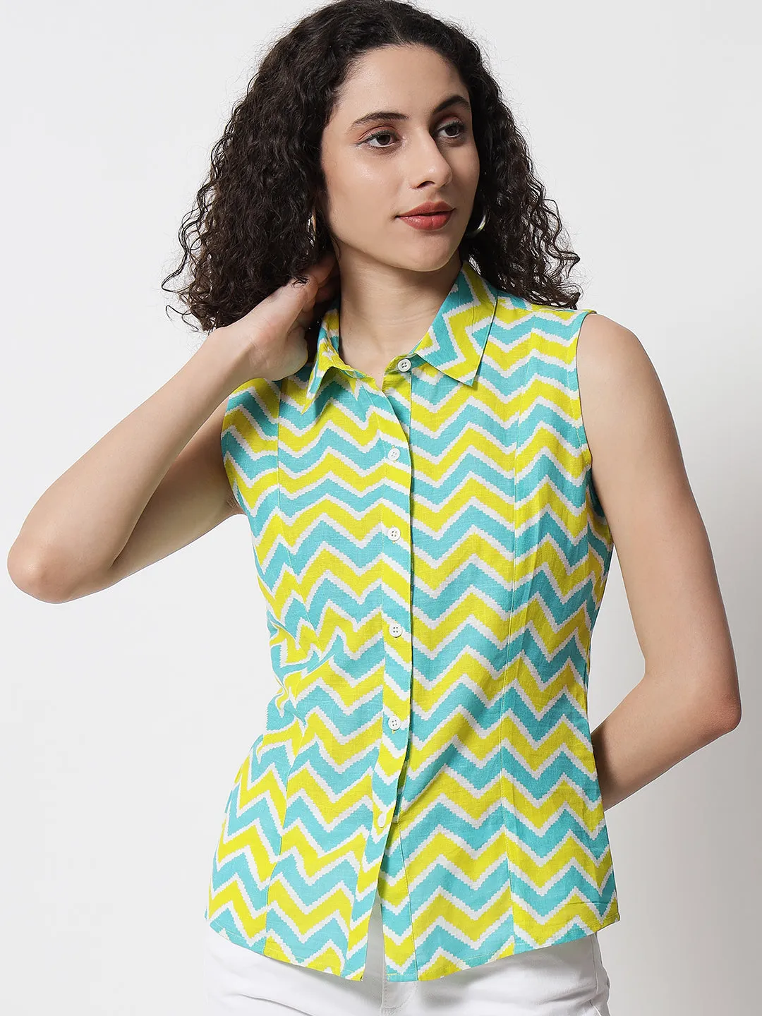 Women Yellow Zig-Zag Printed Sleeveless Shirt