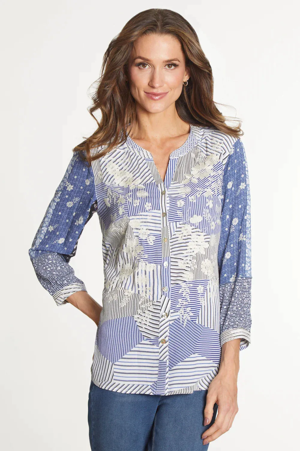 Women's Blue Floral Striped Button Up Tunic-J14237BM