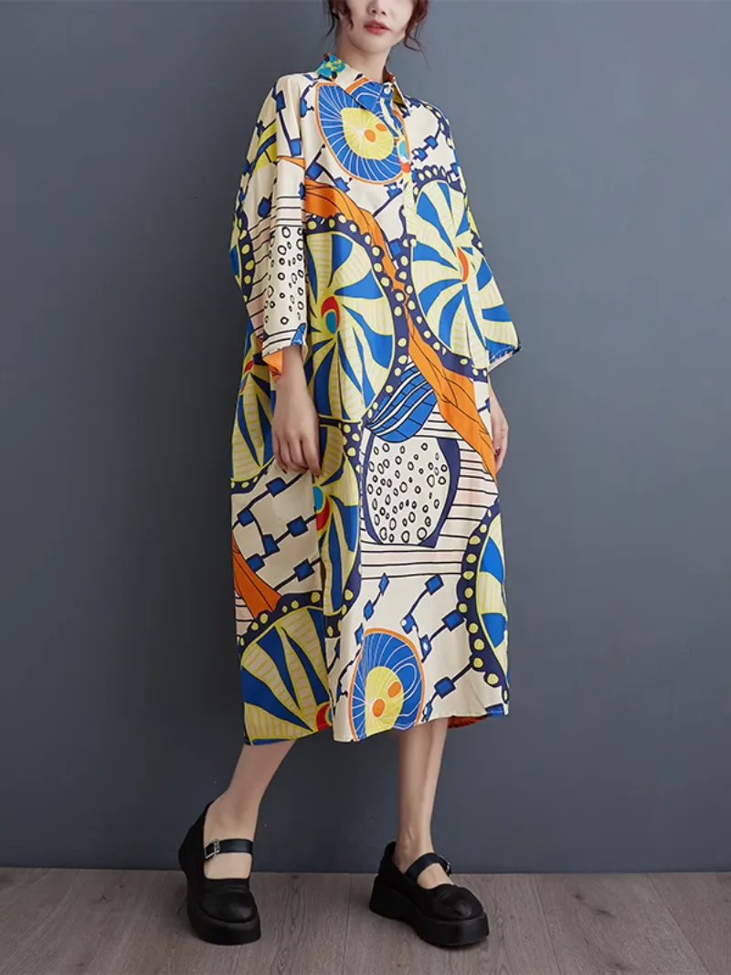 Women's Casual Printed Mid-length Button-Up Shirt Dress