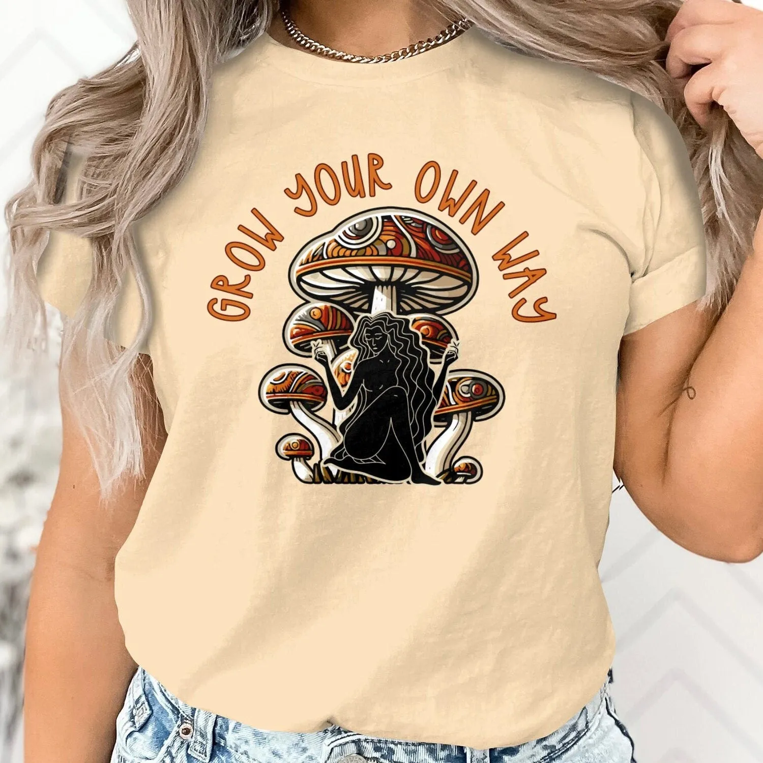 Women's Mushroom Graphic Tee, Grow Your Own Way, Psychedelic Art, Nature-Inspired T-Shirt, Motivational Tee, Boho Graphic Tee, Boho Shirt