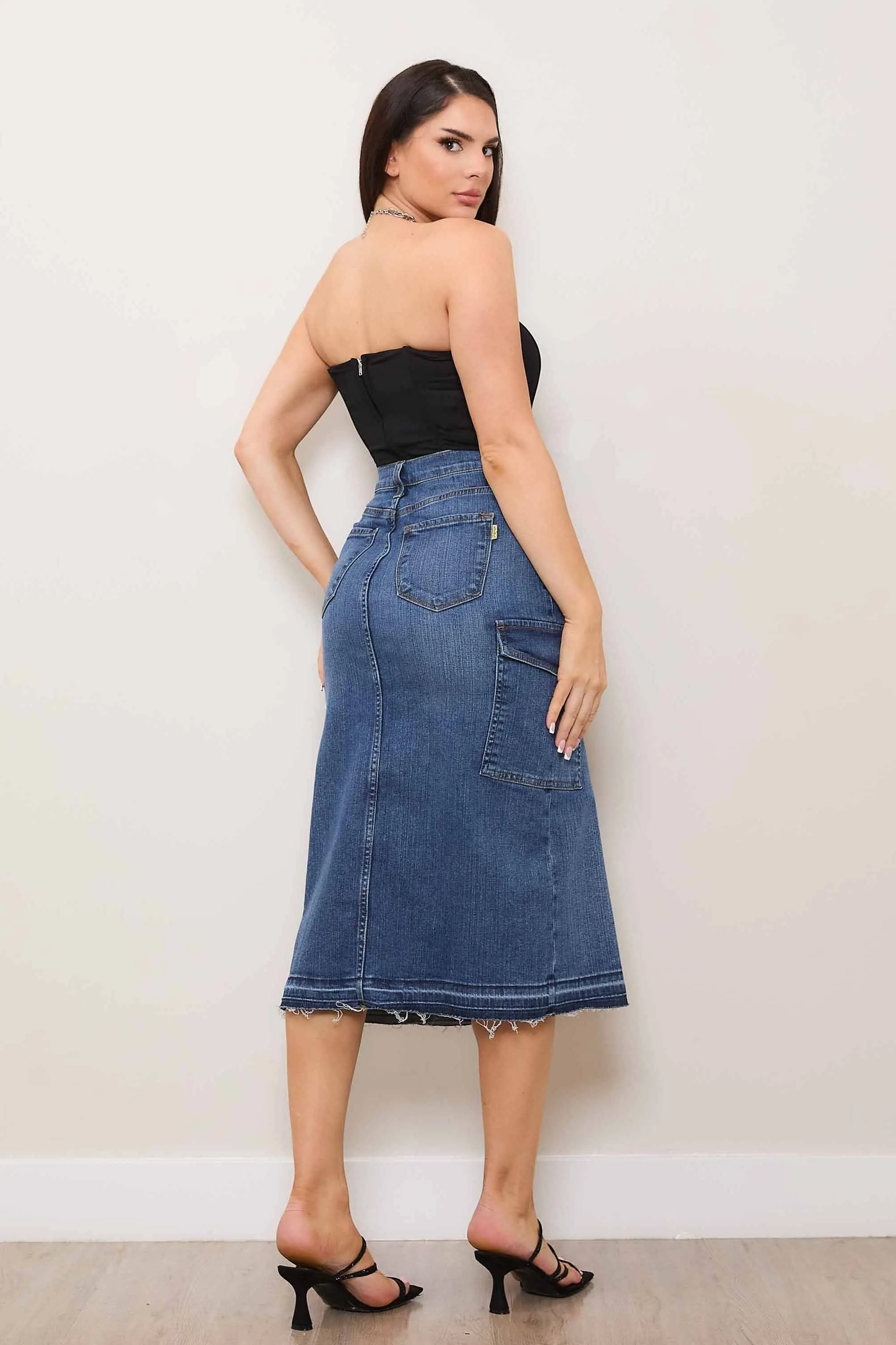 Y2K Front Slit Column Cargo Denim Skirt