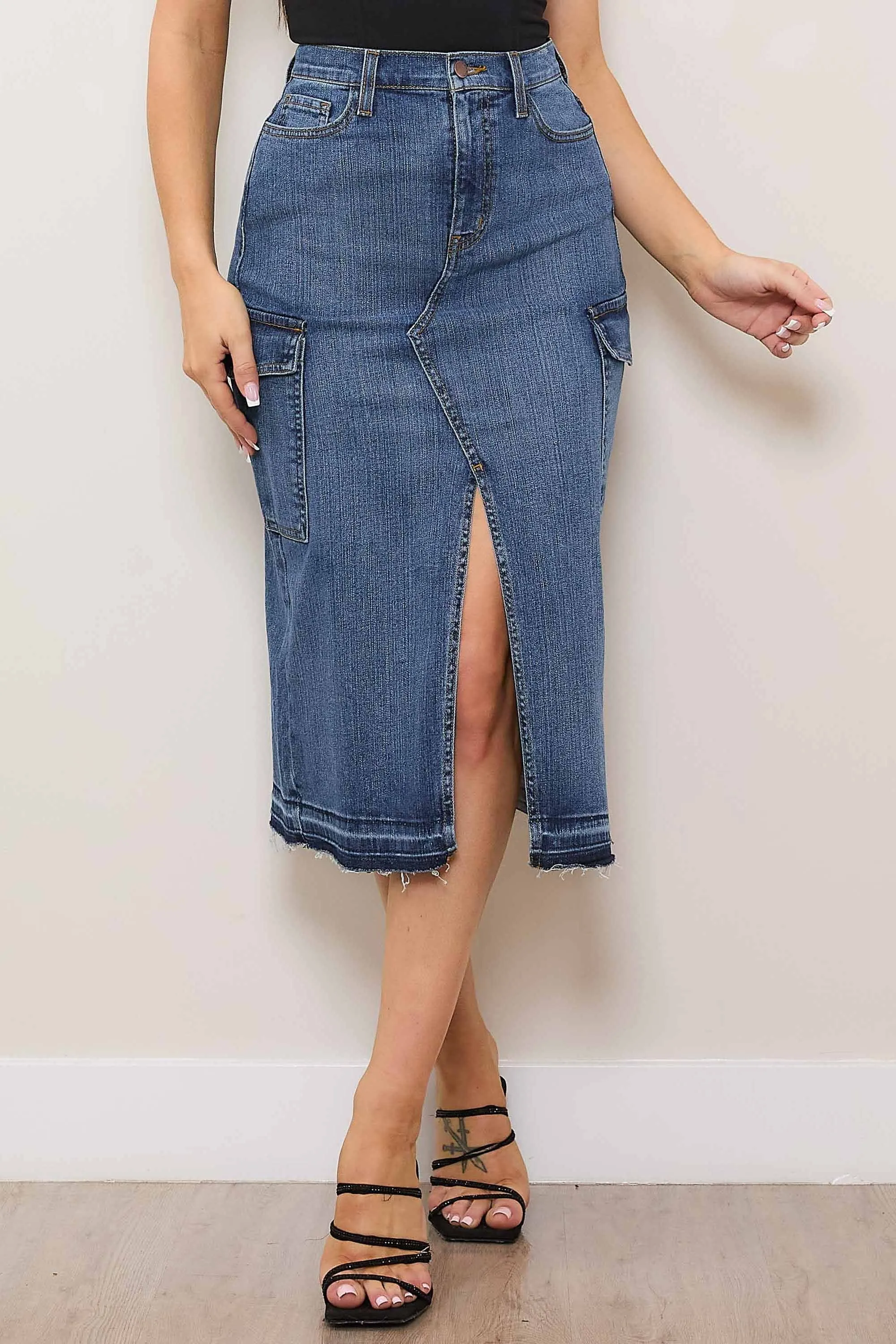 Y2K Front Slit Column Cargo Denim Skirt