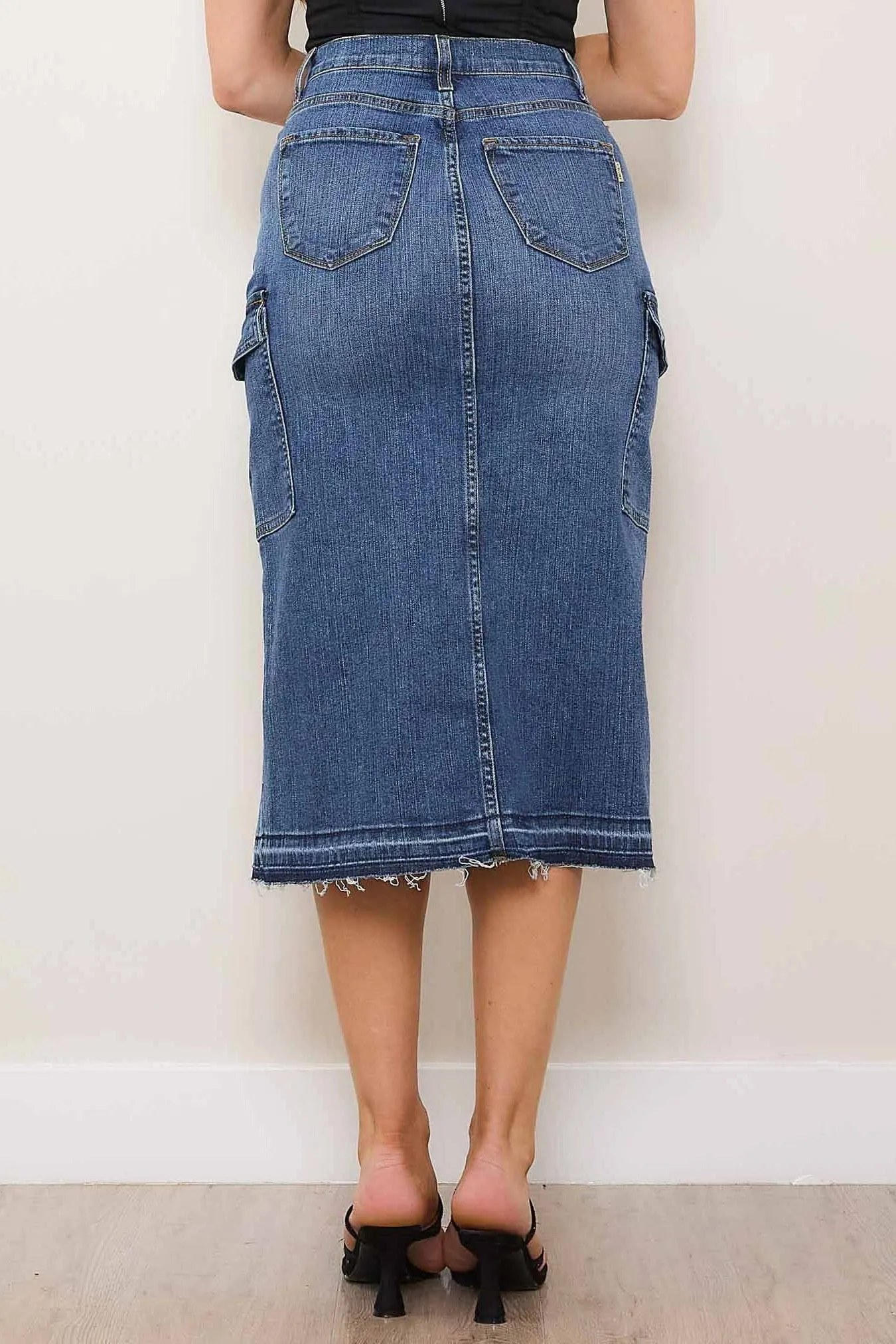 Y2K Front Slit Column Cargo Denim Skirt