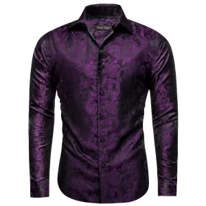 YourTies Black Purple Mens Top Long Sleeve Paisley Jacquard Silk Shirt