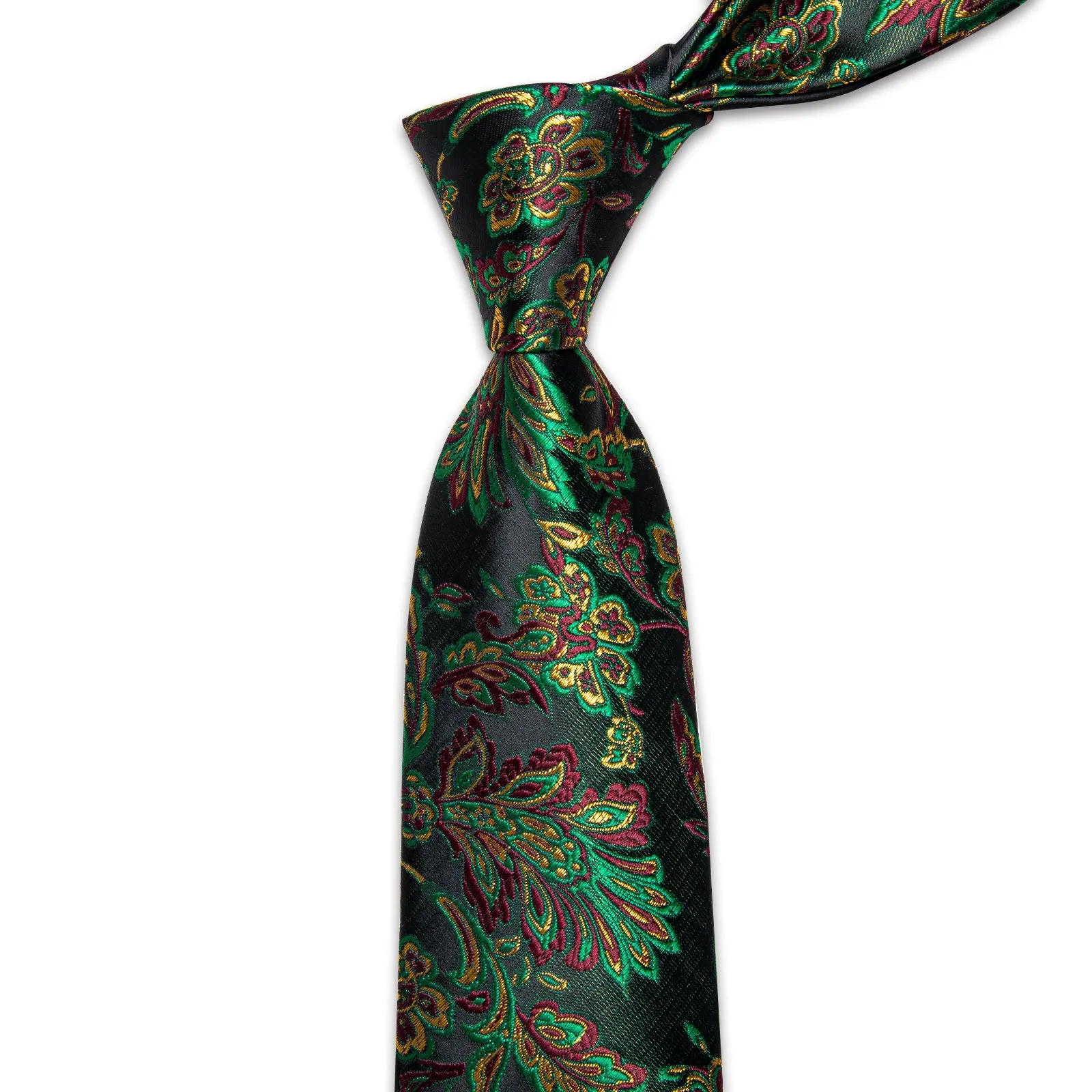 YourTies White Solid Long Sleeve Shirt with Black Green Floral Silk Tie for Men