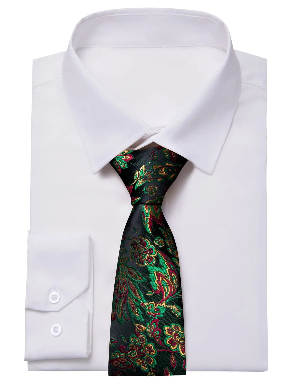 YourTies White Solid Long Sleeve Shirt with Black Green Floral Silk Tie for Men