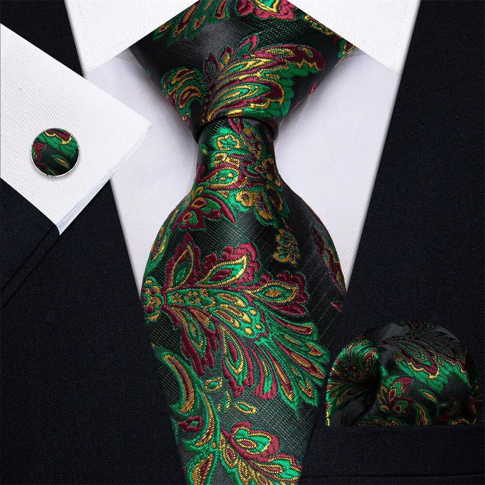 YourTies White Solid Long Sleeve Shirt with Black Green Floral Silk Tie for Men