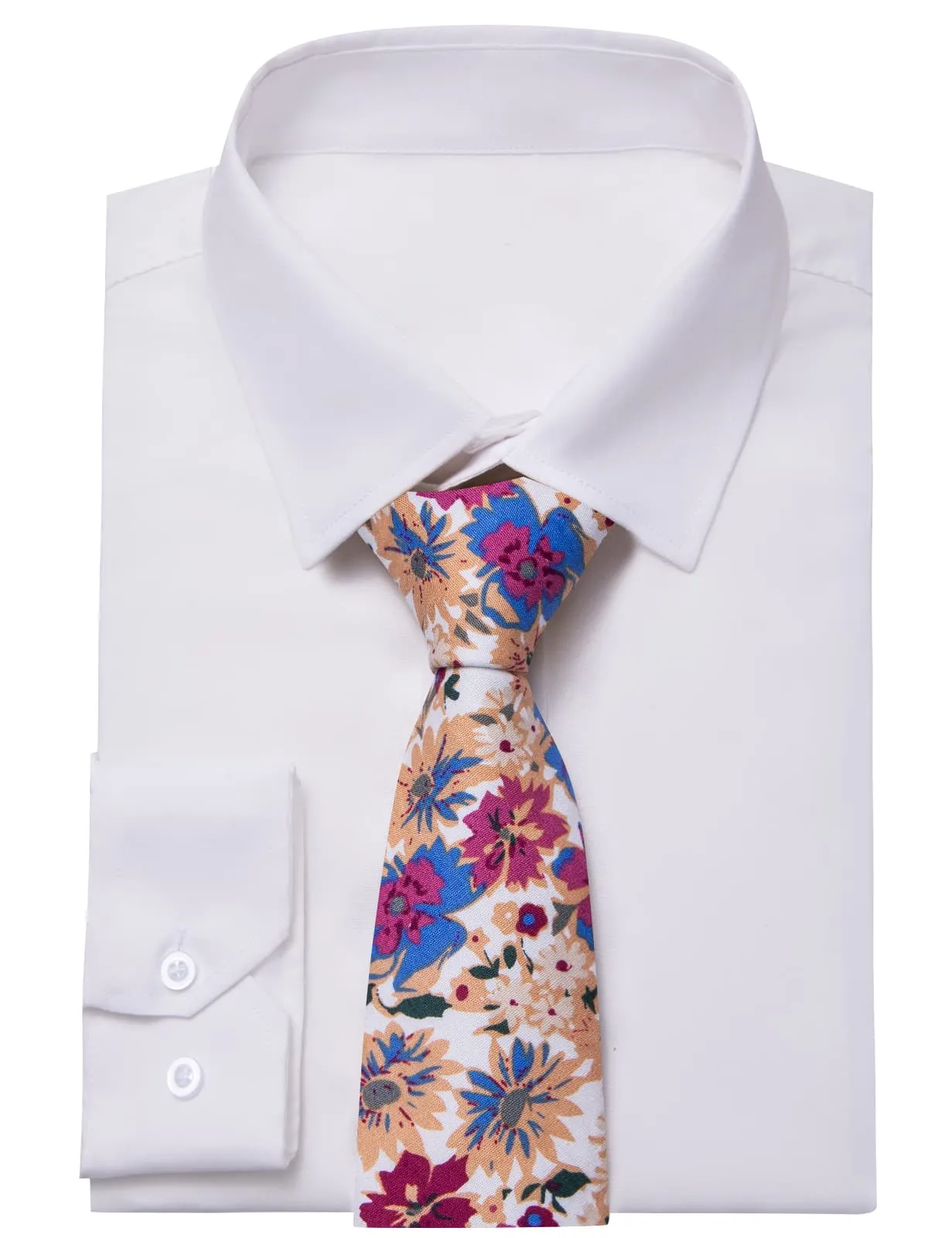 YourTies White Solid Long Sleeve Shirt with Blue Purple Floral Silk Tie for Men