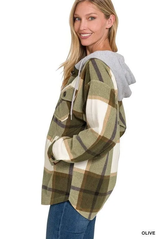 Zenana plaid hooded fleece shacket