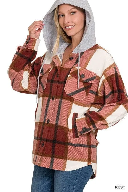 Zenana plaid hooded fleece shacket