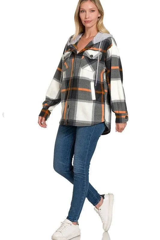 Zenana plaid hooded fleece shacket