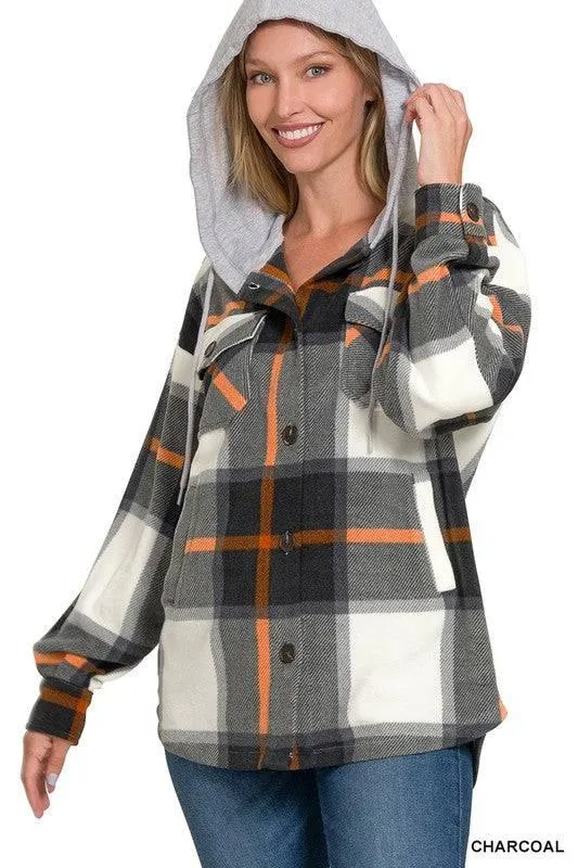 Zenana plaid hooded fleece shacket