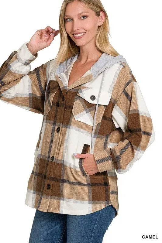 Zenana plaid hooded fleece shacket