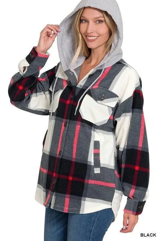 Zenana plaid hooded fleece shacket