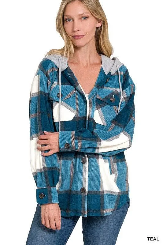 Zenana plaid hooded fleece shacket